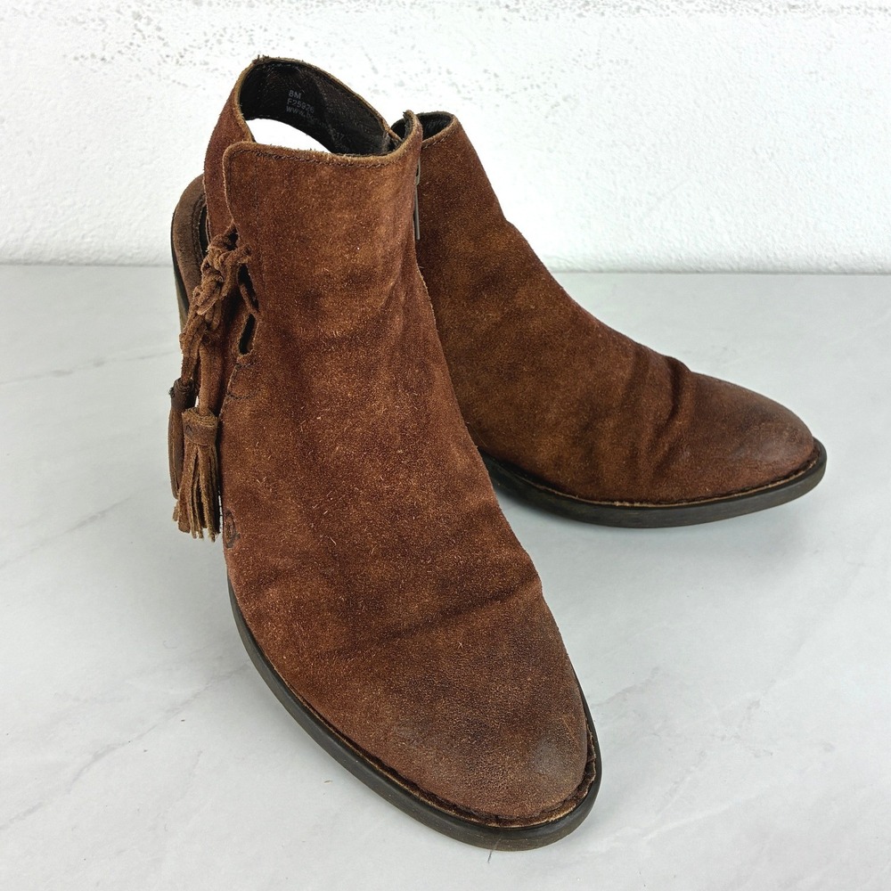 Born Brown Suede Slingback Booties - 8M - Tassel Distressed Boho Western